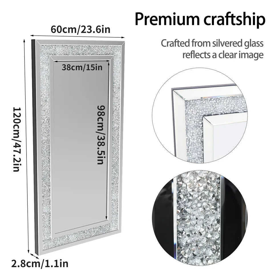 LUVODI Large Silver Rhinestone Vanity Mirror Frameless Crystal Diamond Wall Mirror for Bedroom, Bathroom.