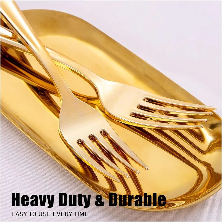 300 Pieces Gold Plastic Silverware Heavy Duty Disposable Cutlery Set with 100 Forks 100 Spoons 100 Knives