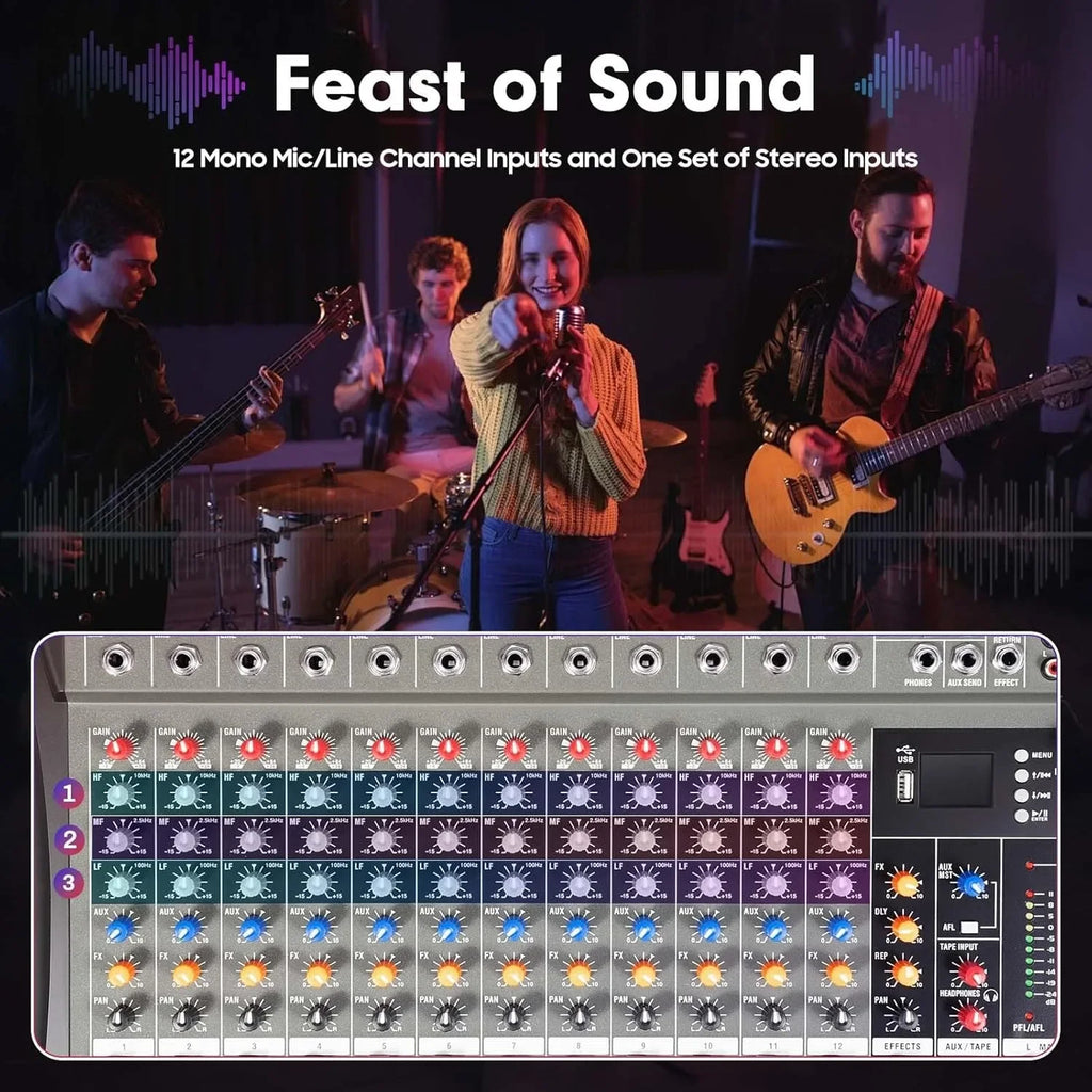 12-channel  DJ audio mixer with  USB  Bluetooth input, 48V, Phantom Power, for recording and podcasting