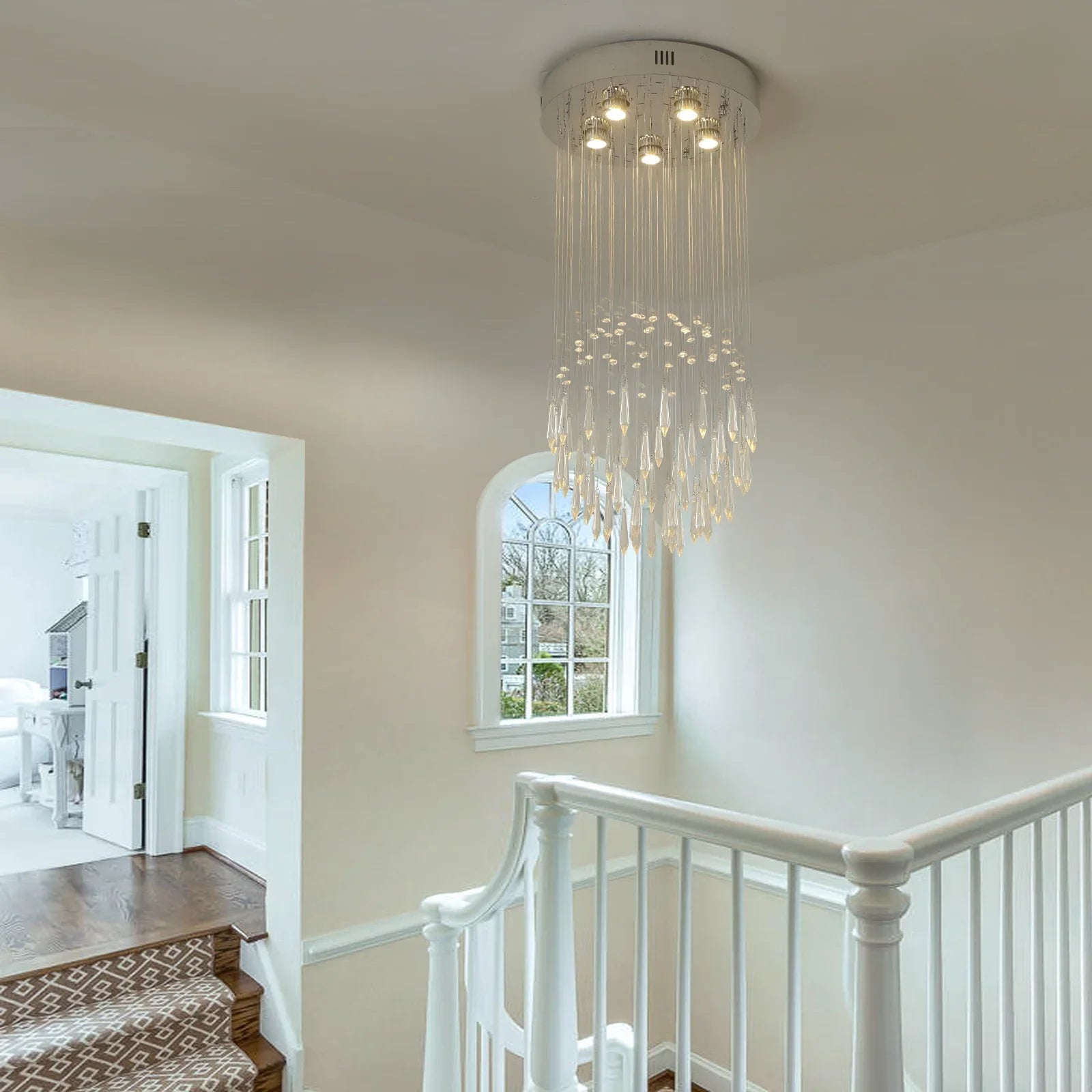 Crystal Droplight Led Pendant Light Loft Stairs Chandelier Hanging Ceiling Lamp