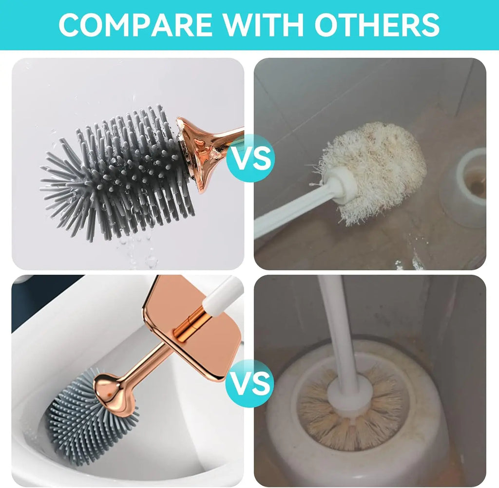 2-Pack Silicone Toilet Brush and Holder,  Long Ergonomic  Handles, Deep Cleaning - Black & White