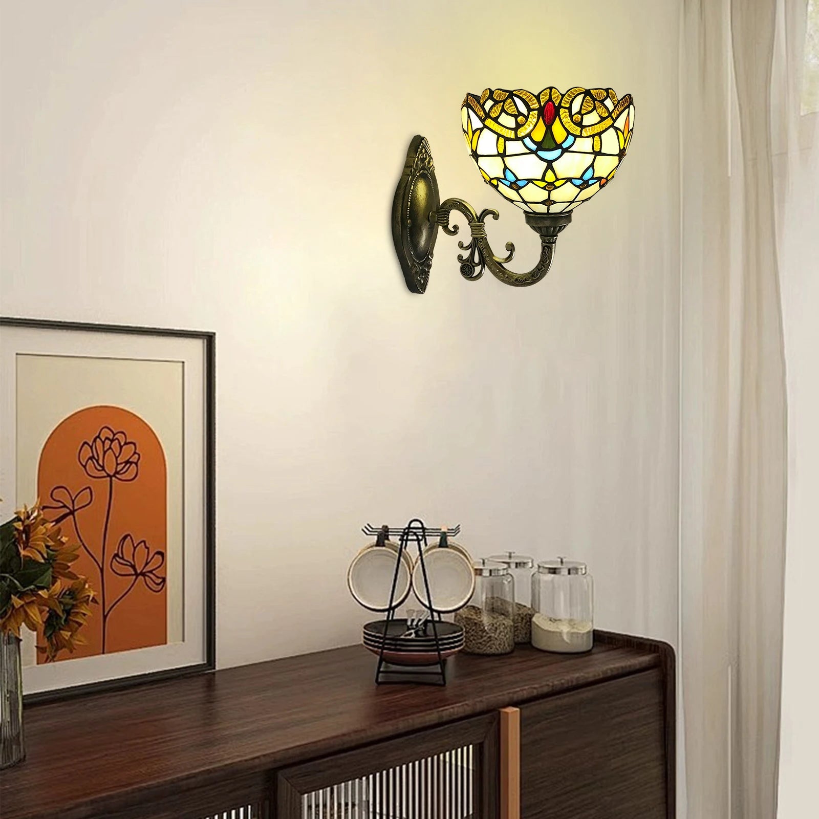 Tiffany Style Handmade Wall Sconce, Vintage Stained Glass Dome Lamp