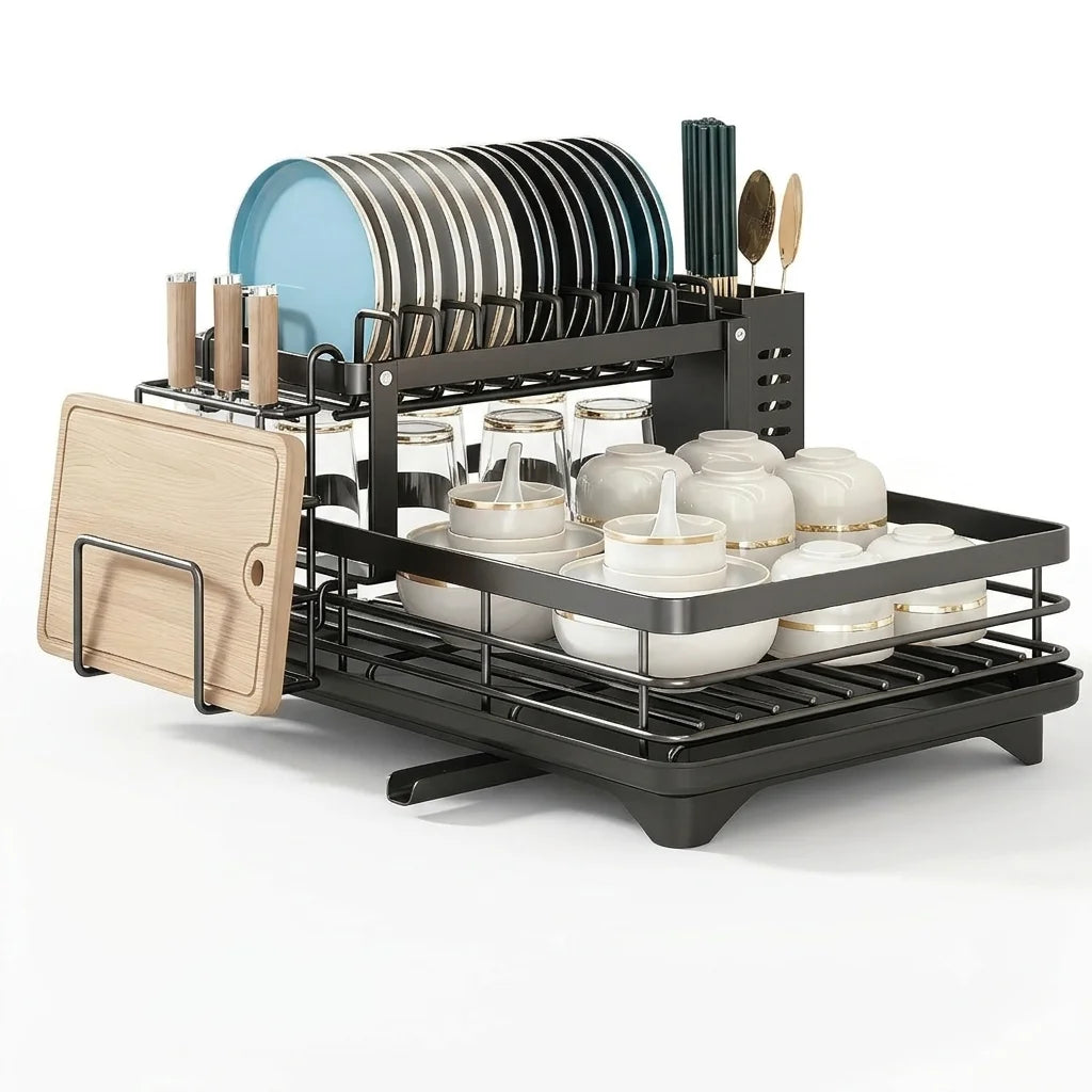 2-Tier Expandable Dish Drying Rack with Drainboard, Utensil Holder & Cutting Board Organizer