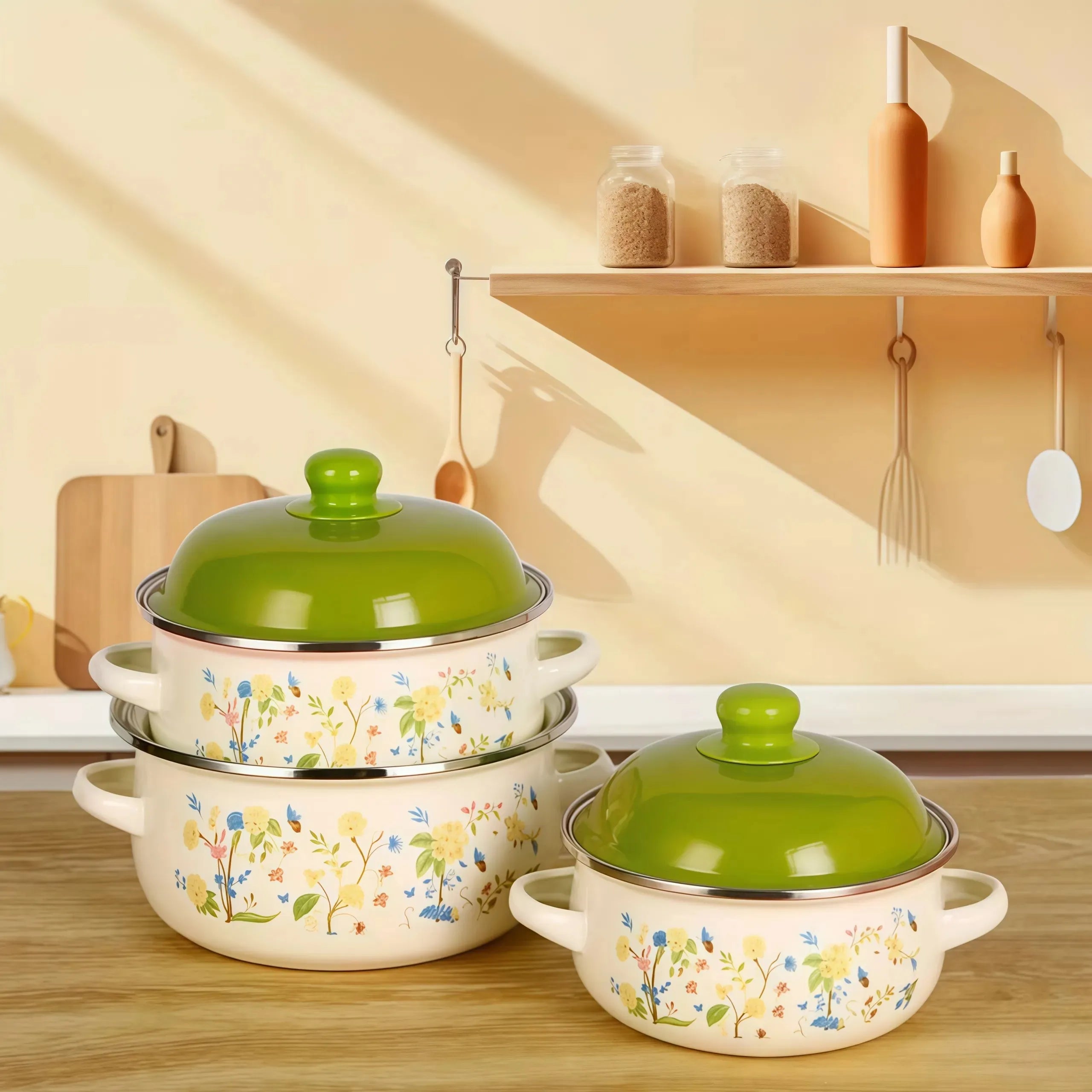3Pcs Vintage Enamel Stock Pot Set with Lids,  Dual Handles & Flat Bottoms  for Induction & Gas Stoves