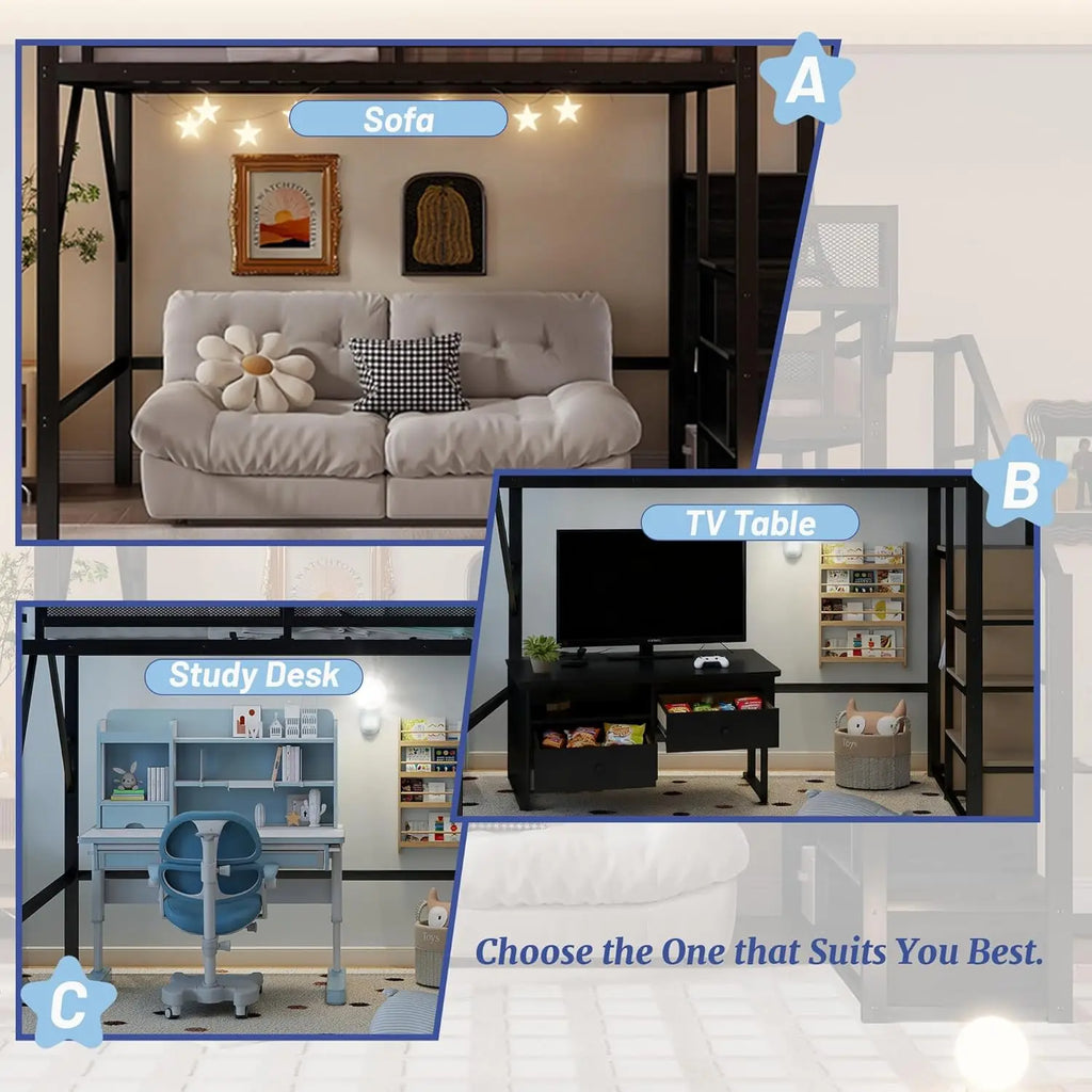 Queen  Metal Loft Bed with Stairs,  Storage, Wardrobe,& Bedside Shelf