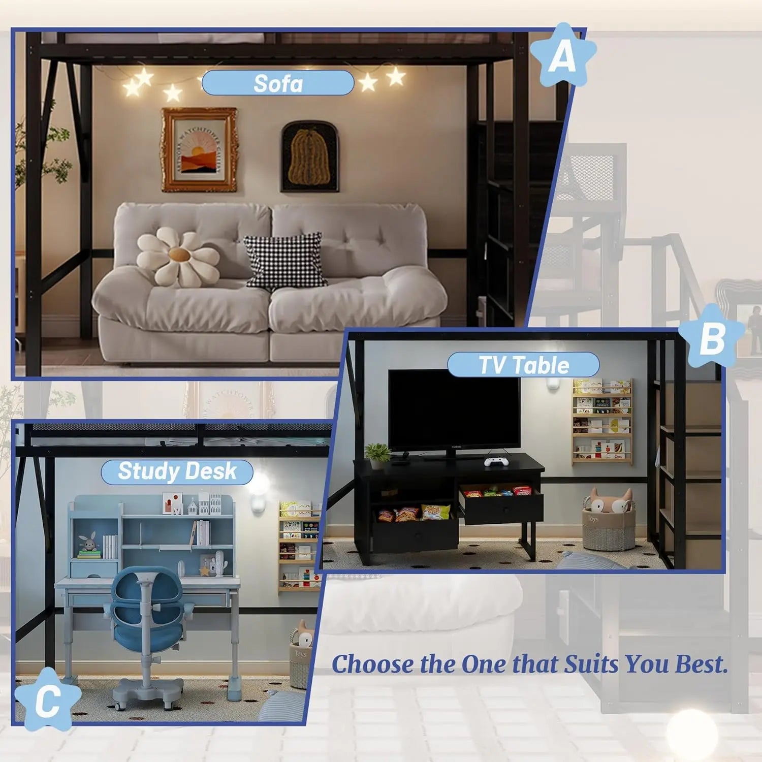 Queen  Metal Loft Bed with Stairs,  Storage, Wardrobe,& Bedside Shelf