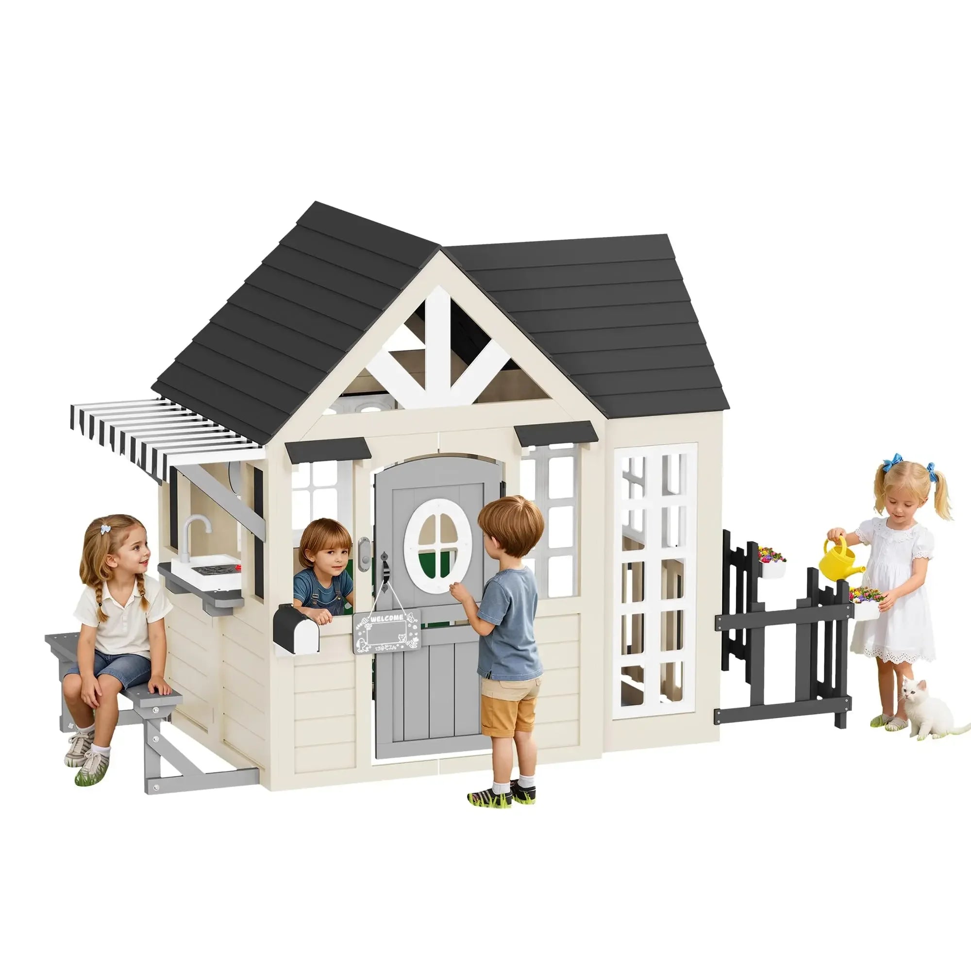 Outdoor Wooden Playhouse with Kitchen Set ,Chalkboard with Waterproof Roof & Rust-Resistant Hinges,