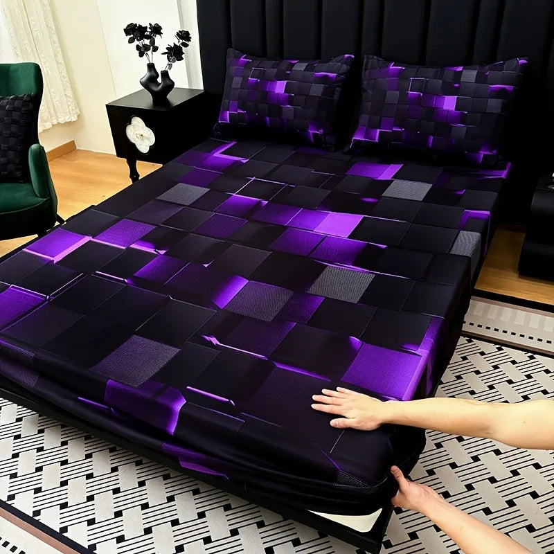 3pcs Cool  Digital Printing Material Plaid Fitted Sheet(1pc Bed Sheet+2pcs Pillowcase No Filling) Deep Pocket In 15 In