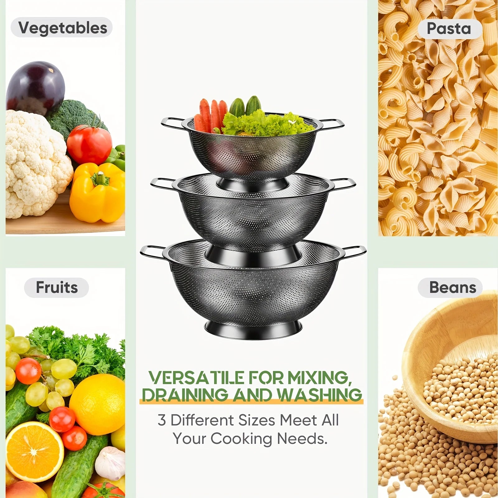 3pcs Stainless Steel Colander Bowl And Sieves 1/3/5 Quart Metal Mesh Strainer Net Basket With Handles