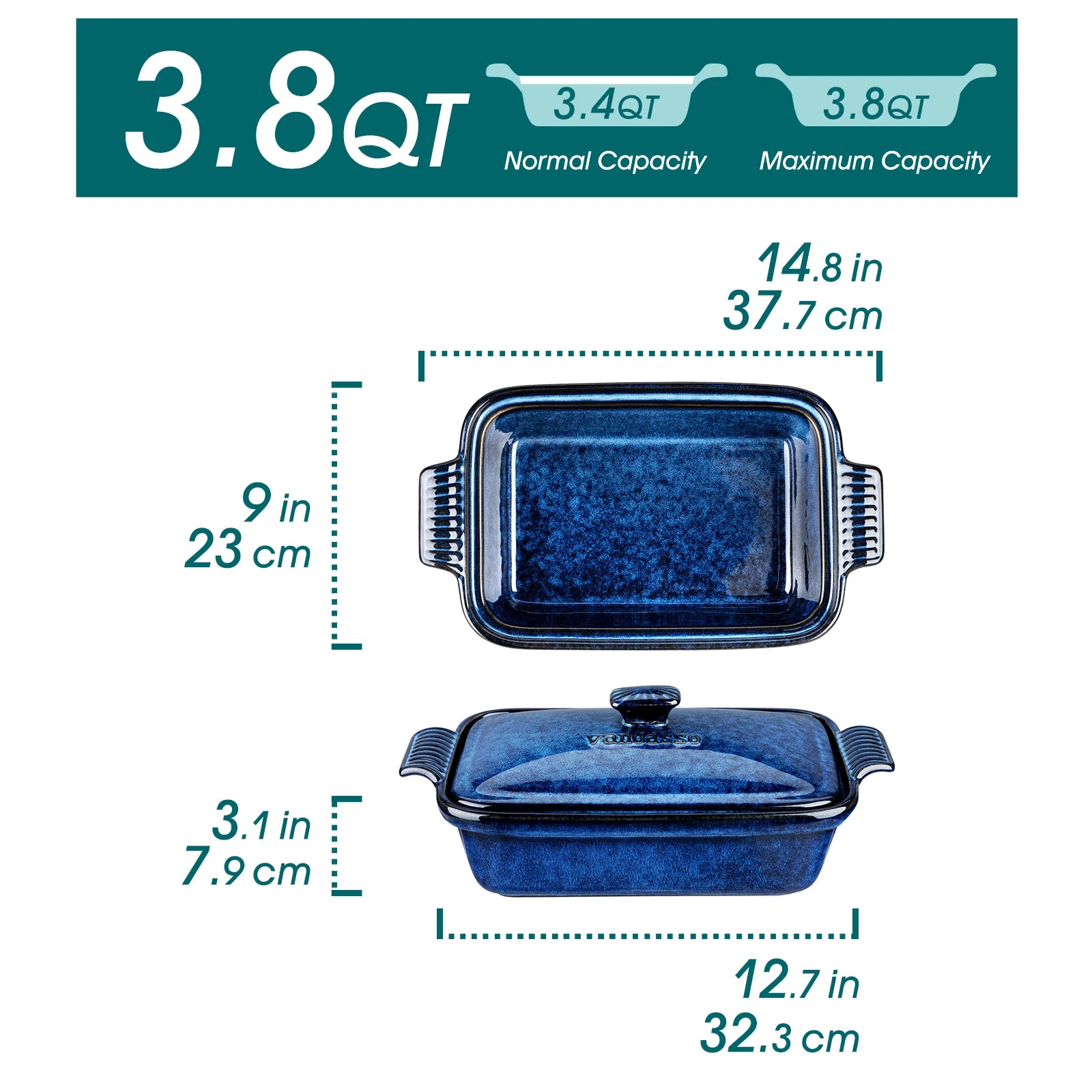 3.8L Blue Stoneware  Casserole Baking Dish with Lid Large Lasagna Pan,  Microwave Safe