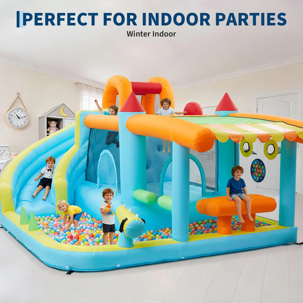 14FT Kids Bounce House With Slide & 450W Blower, 12-in-1 Inflatable Water Bouncer Party Castle Play