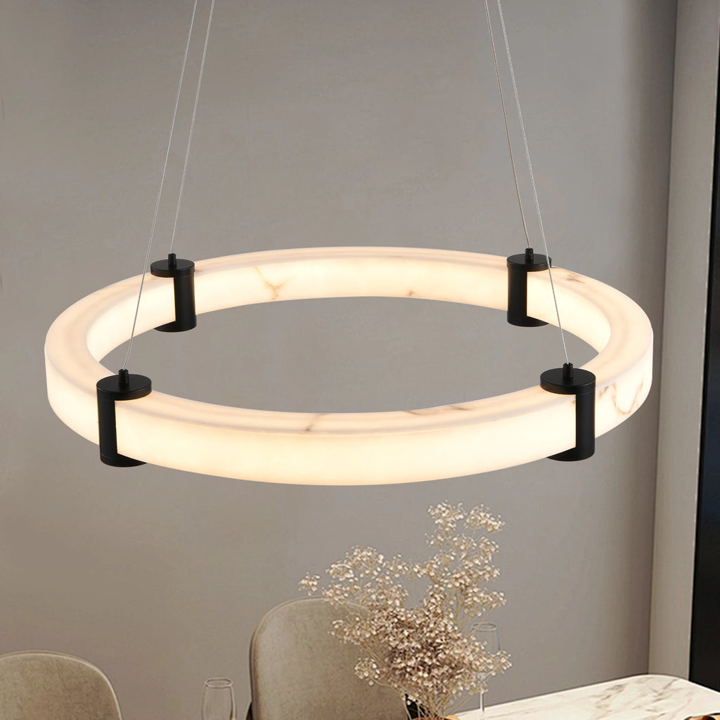 , 23.6" Pendant  Chandelier  Pendant Chandelier Imitation Marble Finish Resin Ring Light, Adjustable Hanging Ceiling Lamp