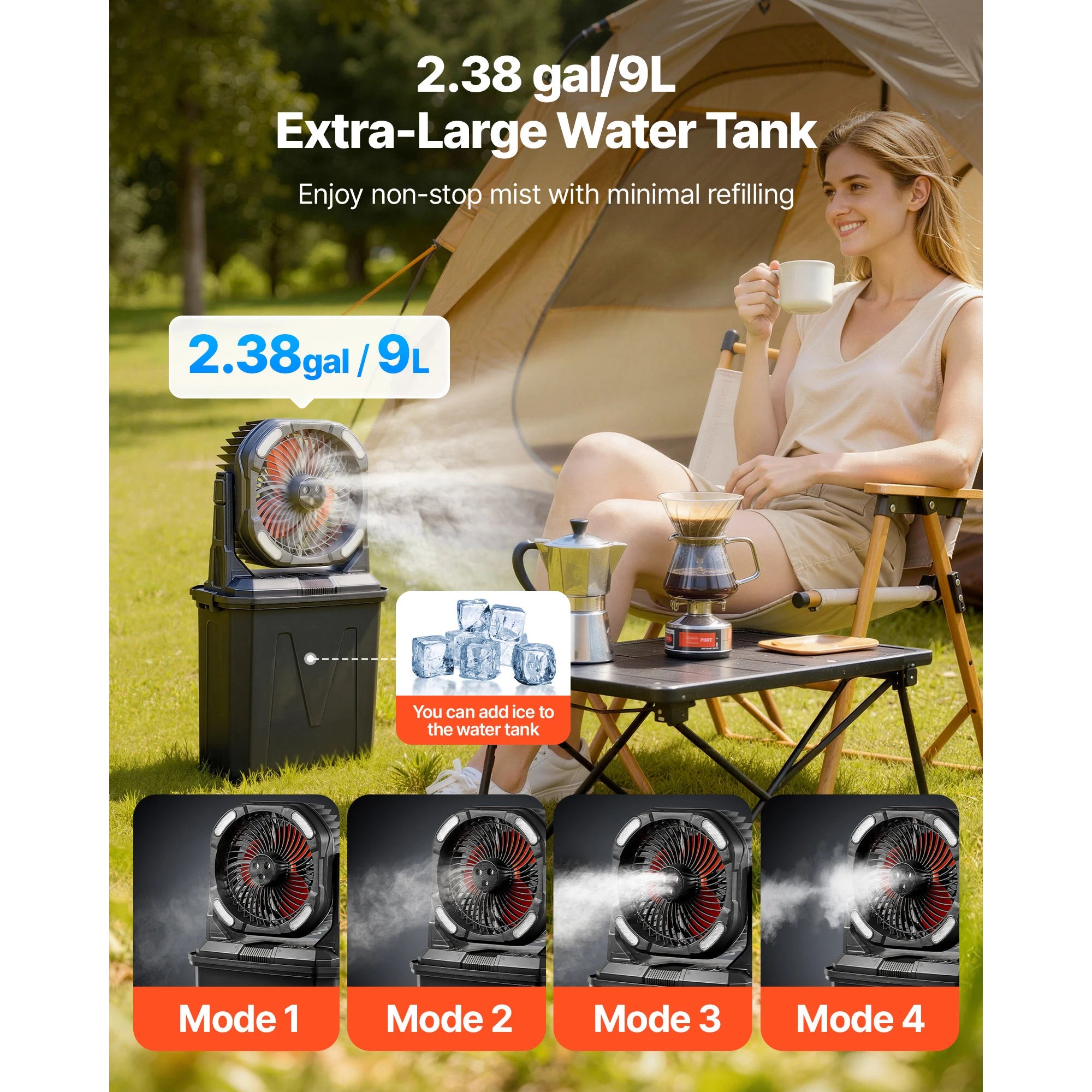 Portable Misting Fan High Speed Motor Large Water Tank Rechargeable Battery with Remote Light Modes