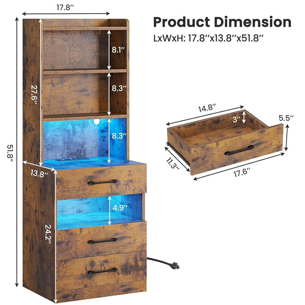 Tall LED Nightstand with Charging Station,  Rustic brown, Bedside Table