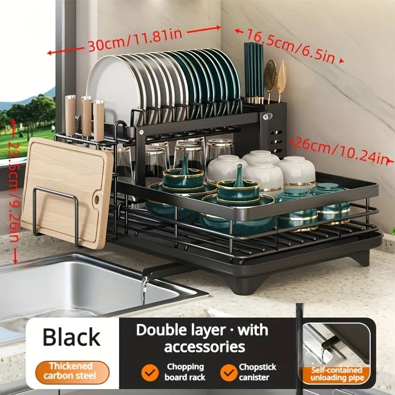 2-Tier Expandable Dish Drying Rack with Drainboard, Utensil Holder & Cutting Board Organizer