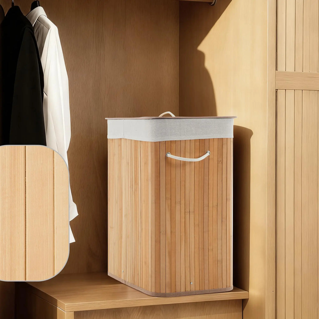 Large 106L Bamboo Laundry Hamper with Removable 4-Section Liner, Lid & Handles