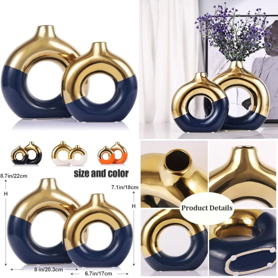 Gold and Navy Blue Ceramic Donut Vase Set of 2,