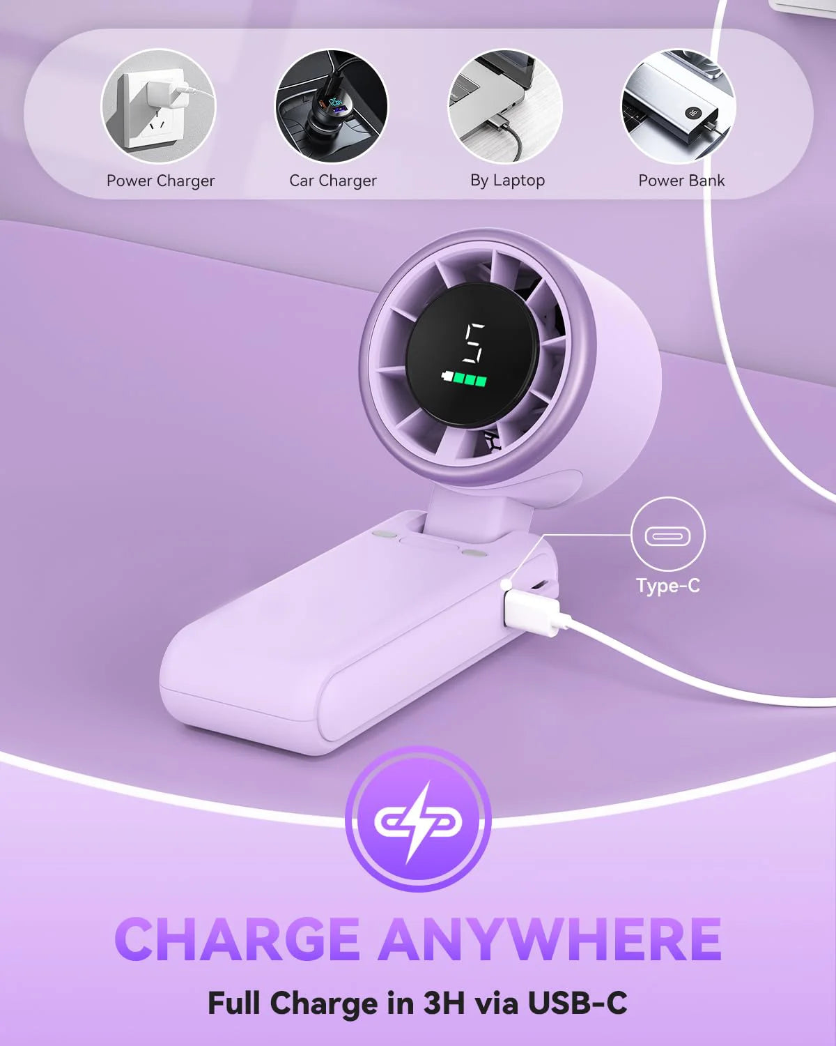 Portable Handheld Turbo Fan, 5 Gear Wind, Battery Operated, Up to 12 Working Hours, 3 IN 1 Hand Fan with Air Turbo Tech Cooling