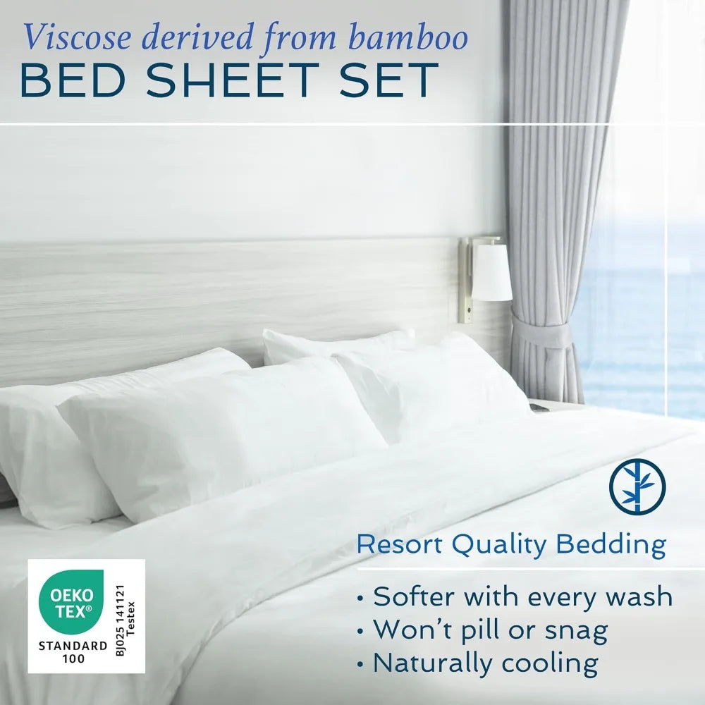Cooling Bamboo Viscose Queen Bed Sheet Set with Two Pillowcases Breathable Moisture Wicking Soft White