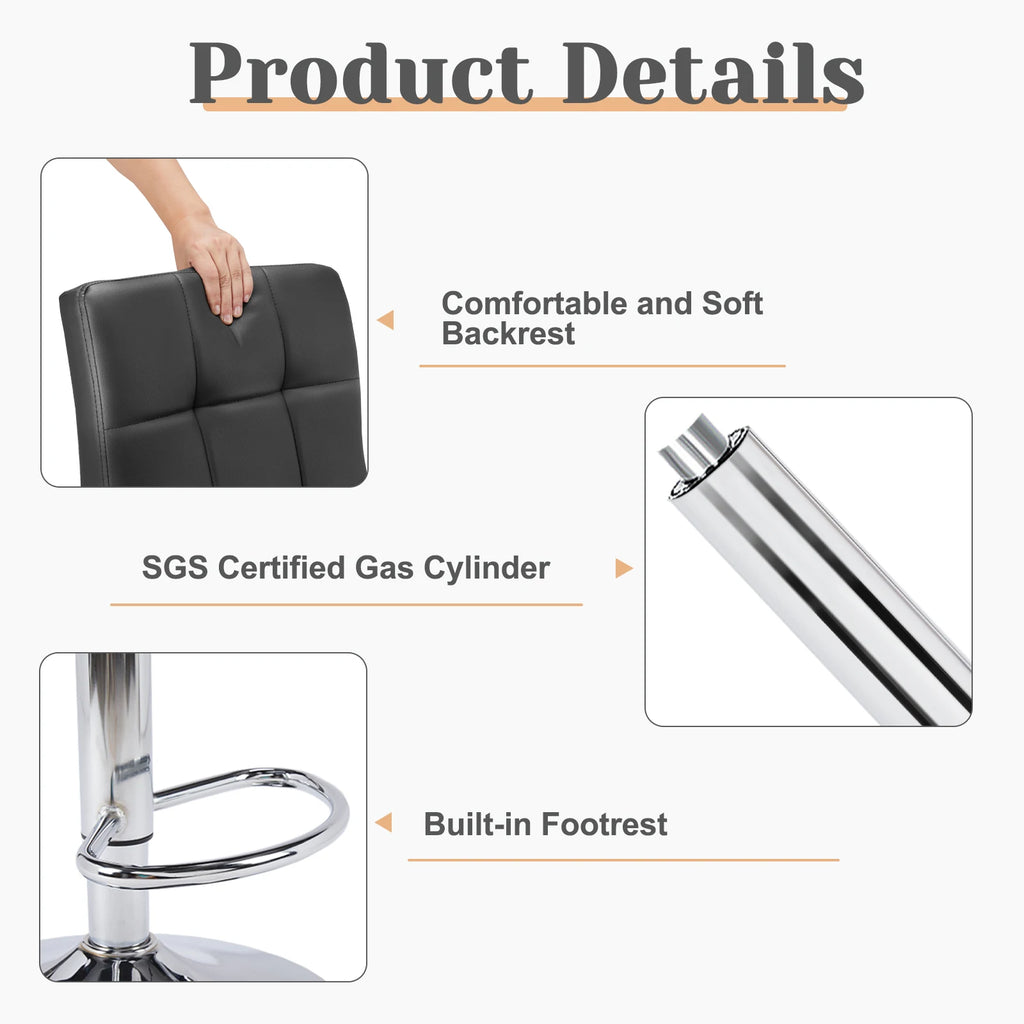 Leather upholstered Bar Stools Set of 2  ,SGS Certified Gas cylinder Comfortable Backrest