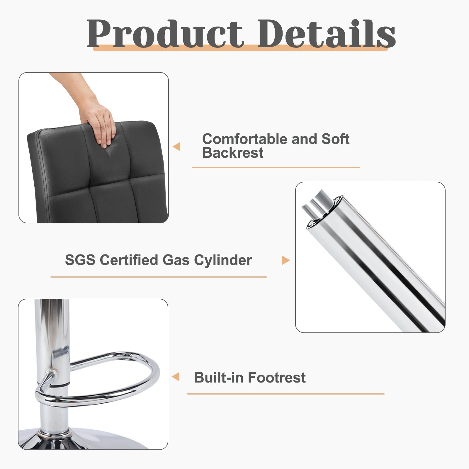 Leather upholstered Bar Stools Set of 2  ,SGS Certified Gas cylinder Comfortable Backrest