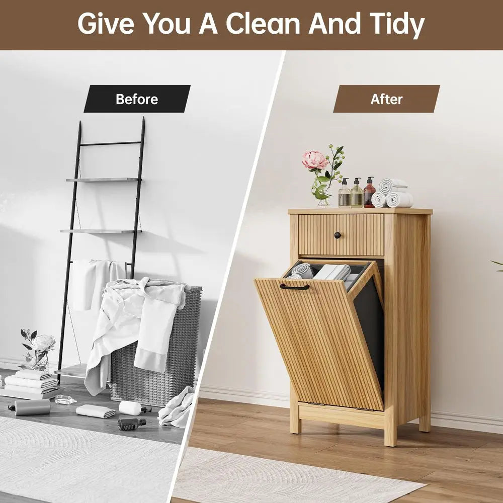 Tilt Out Laundry Hamper Cabinet with Drawer, 10 Gal Fluted. Trash Can  with Laundry Basket, Hidden Wood Garbage  Bin