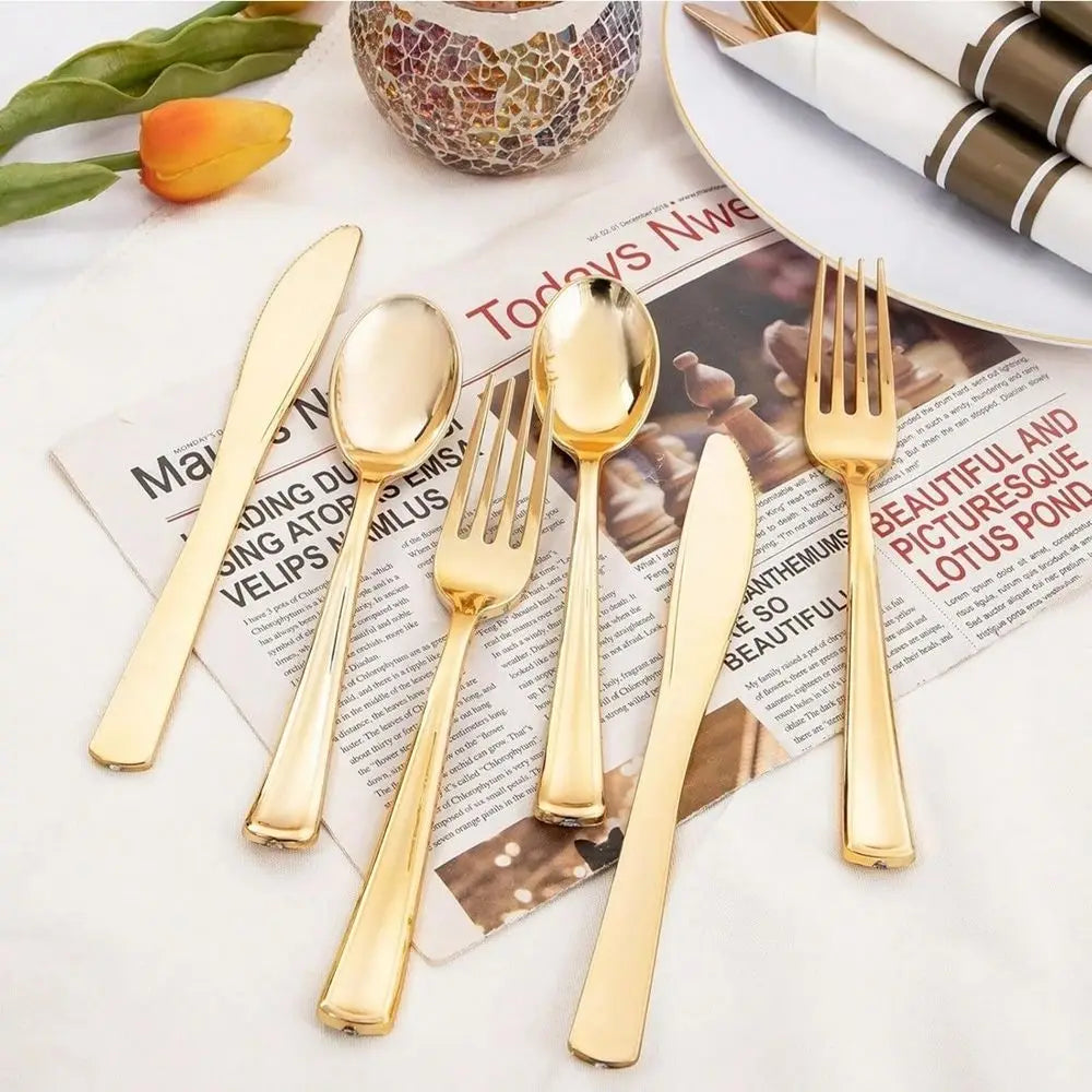 Pre Rolled Gold Plastic Cutlery Set, with Gold Napkin, Disposable
