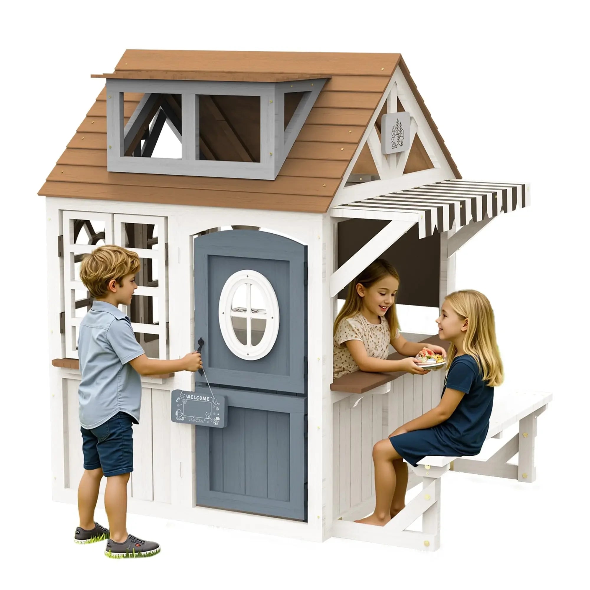 Outdoor Wooden Playhouse with Kitchen Set ,Chalkboard with Waterproof Roof & Rust-Resistant Hinges,
