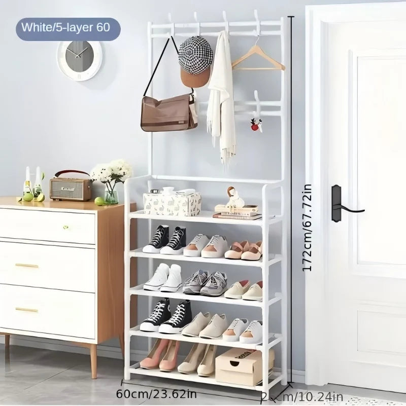 5 Tier Free standing Shoe Rack with Coat & Hat Hooks - Multi-Functional Entryway Storage Organizer