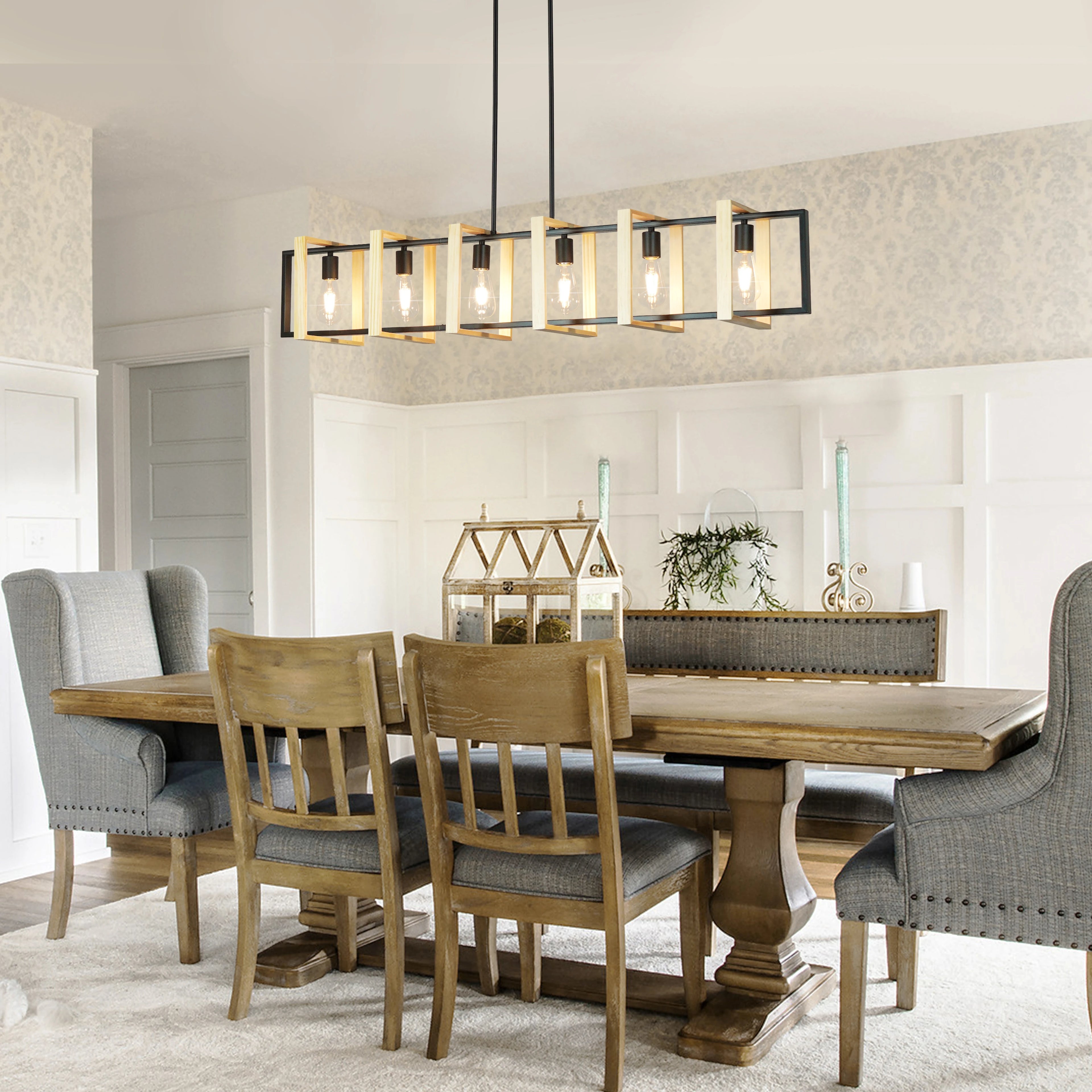 Modern Farmhouse Kitchen Island Light with Wood Shades- Dimmable  Chandeliers for Kitchen, Dining Room