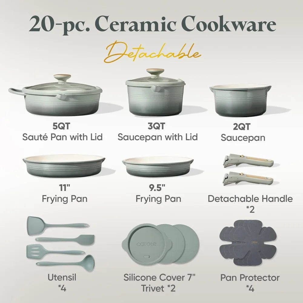20Pc  Titanium Nonstick  Cookware Set, with Detachable Handle