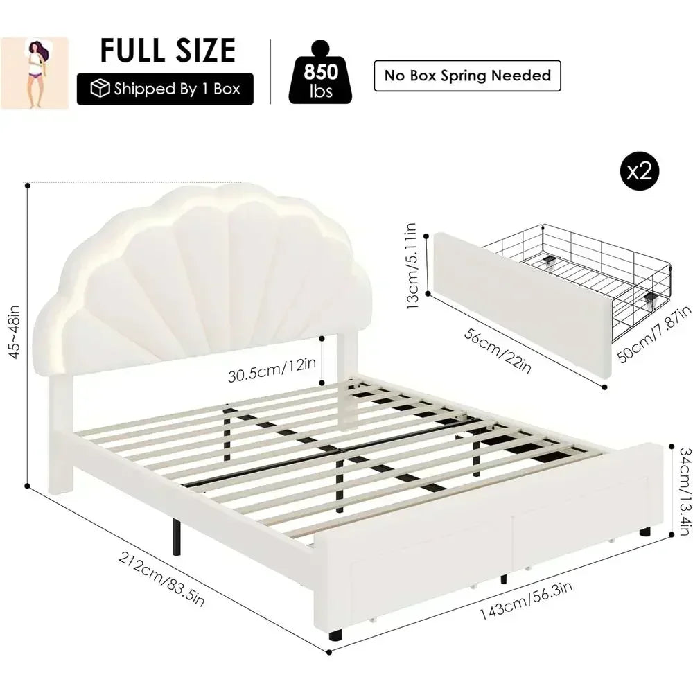 Upholstered LED Bed with Storage Drawers, Adjustable Headboard, Solid Wood Slat Support,