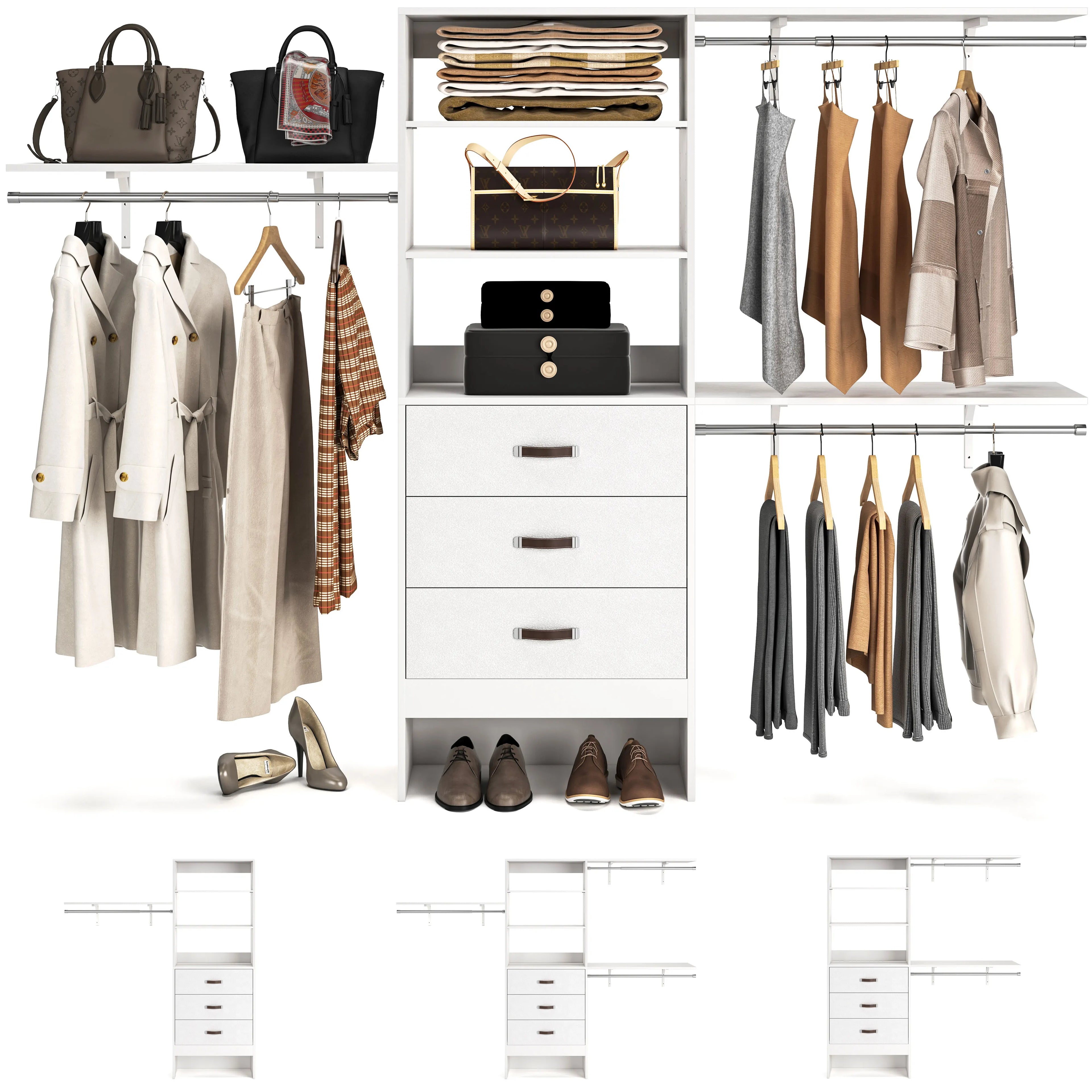 96 Inches Heavy Duty Closet System with 3 Drawers , Shelving Towers, Clothes Rack with Hanging Rods