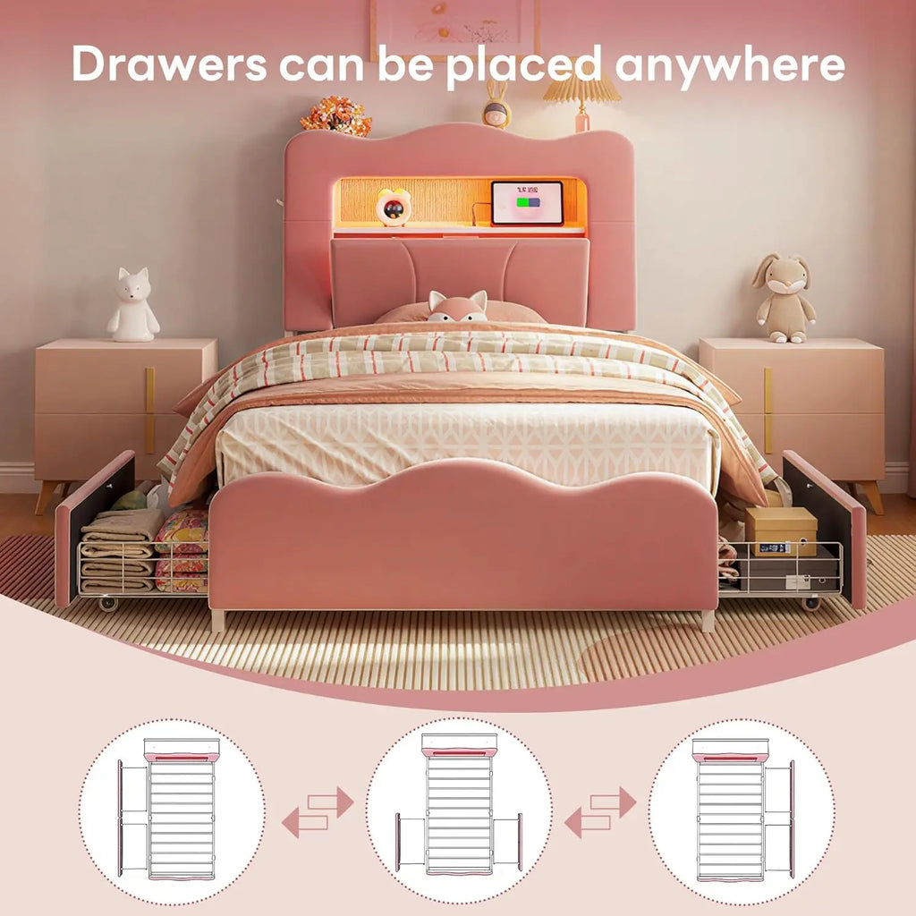 Twin LED Bed Frame ,  Bookcase , Headboard 2 drawers,  Velvet Platform.  Charging Station ,  No Box Spring