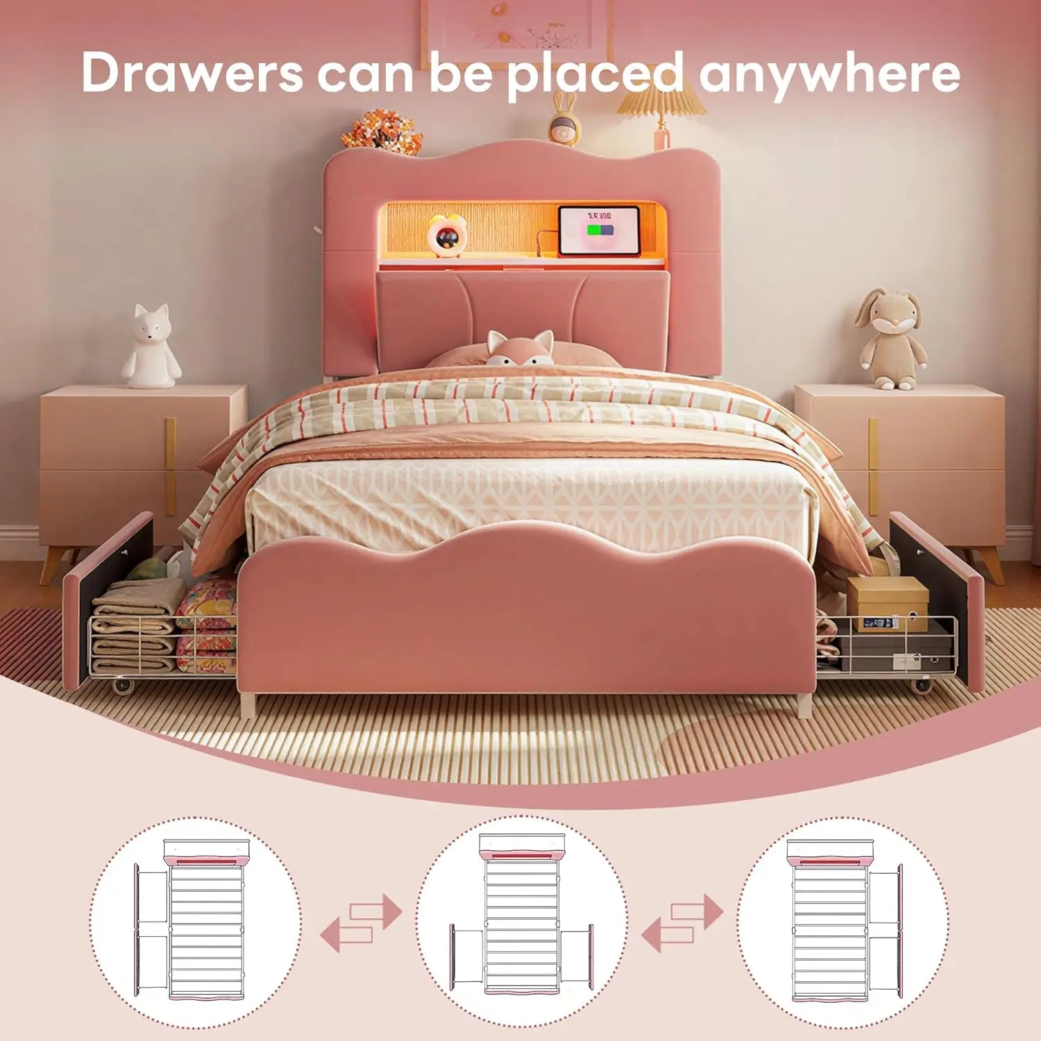 Twin LED Bed Frame ,  Bookcase , Headboard 2 drawers,  Velvet Platform.  Charging Station ,  No Box Spring