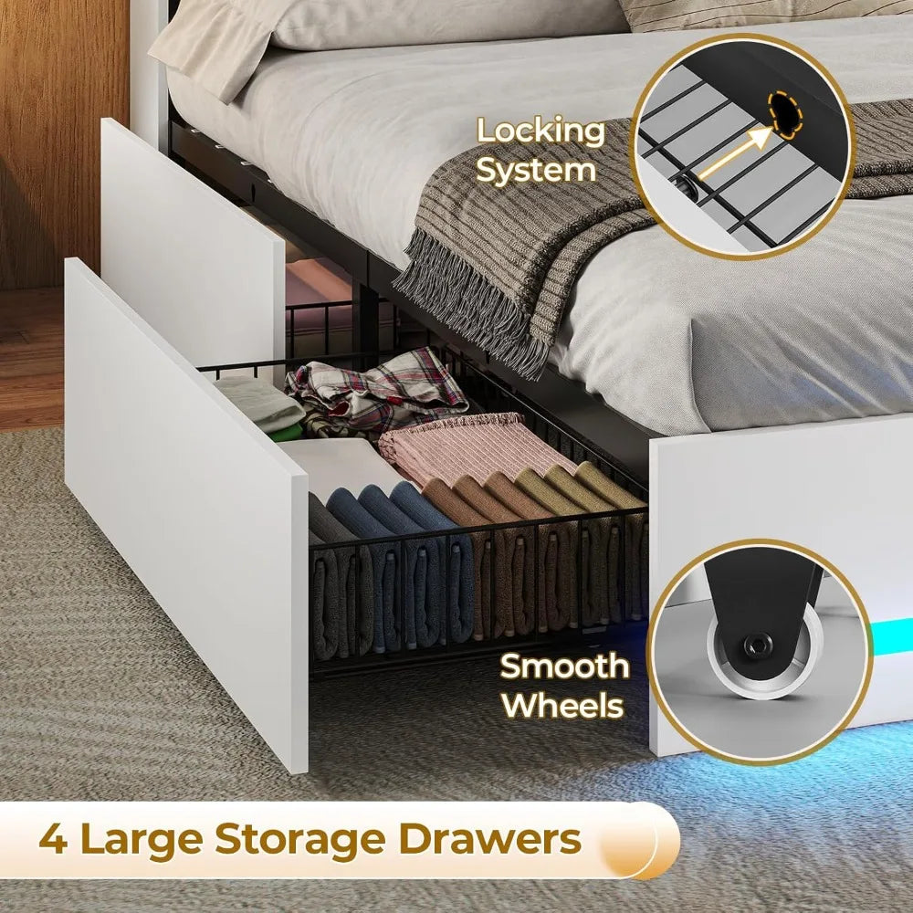 Queen Bed Frame with LED Lights, Charging Station & 4 Storage Drawers - No Box Spring Needed,