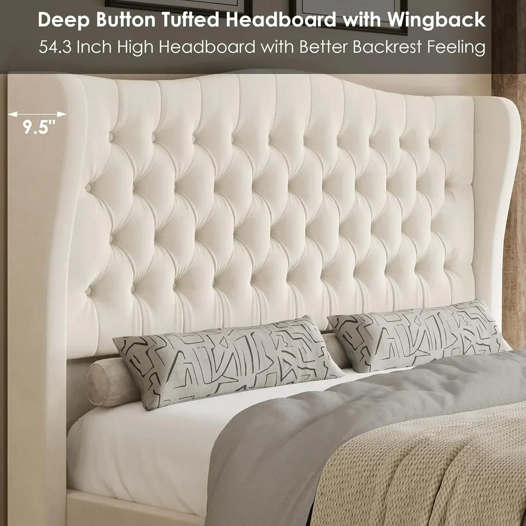 Full Size 54.3” Tall Platform Velvet Bed Upholstered Frame with Deep Button Tufted Wingback Headboard and Footboard,