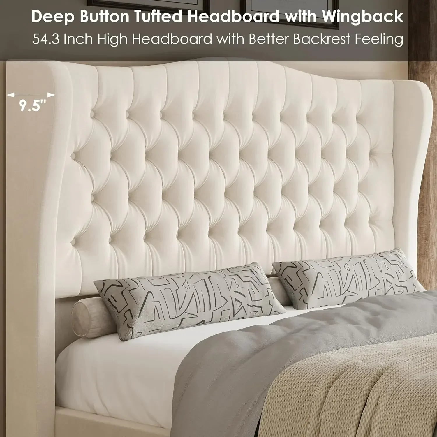 Full Size 54.3” Tall Platform Velvet Bed Upholstered Frame with Deep Button Tufted Wingback Headboard and Footboard,