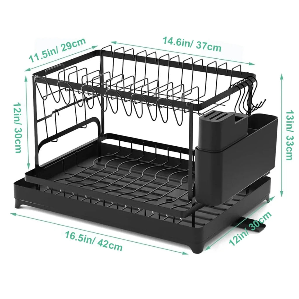 2-Tier Rotating Dish Drying Rack – 360° Swivel Drainboard  & Utensil Holder, No-Drill Metal Organizer