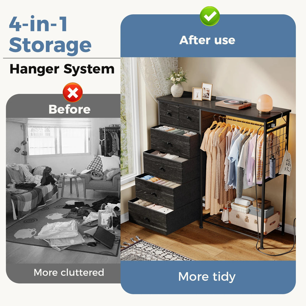 6 Drawer Fabric Dresser with Hanging Rack, Charging Station and LED Lights