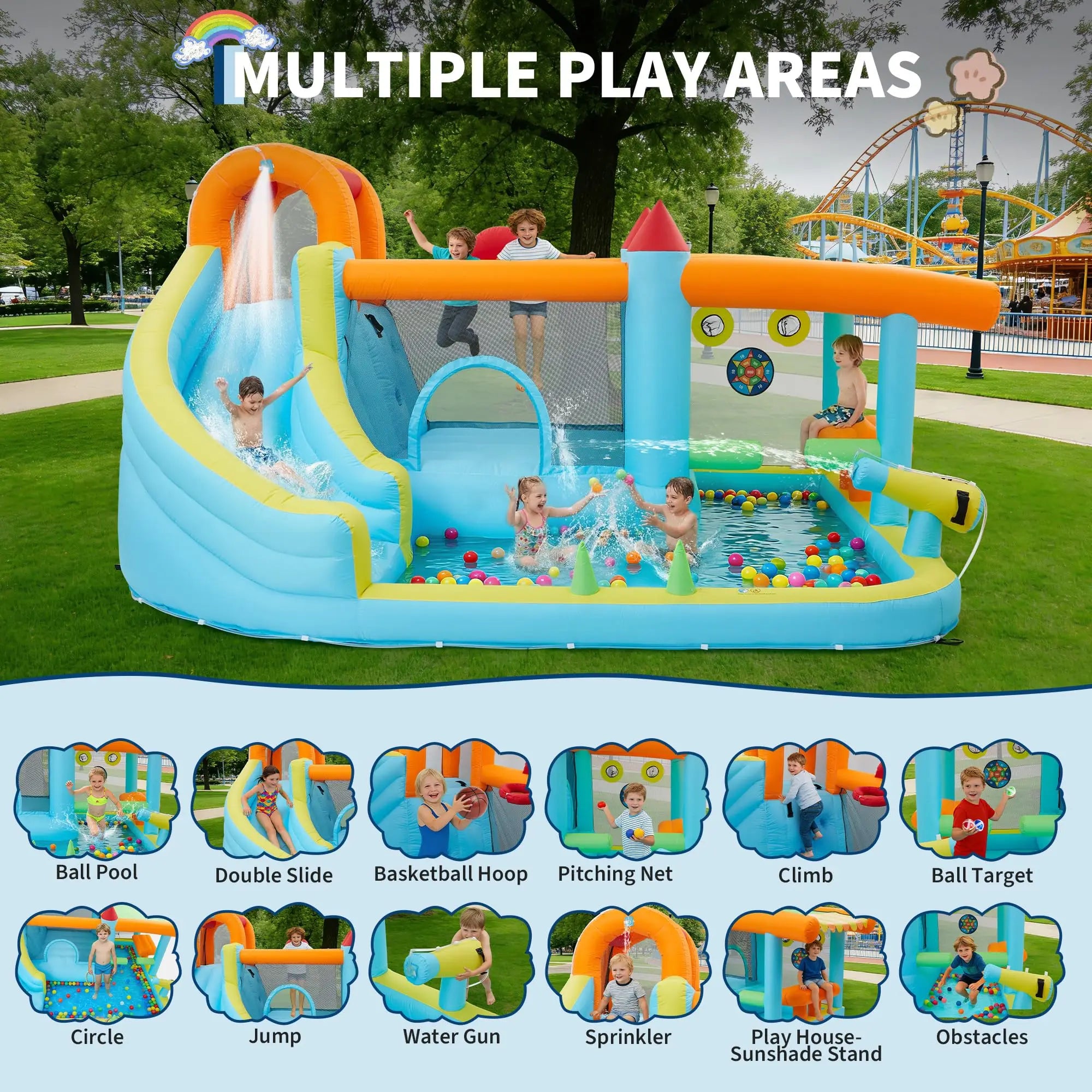 14FT Kids Bounce House With Slide & 450W Blower, 12-in-1 Inflatable Water Bouncer Party Castle Play