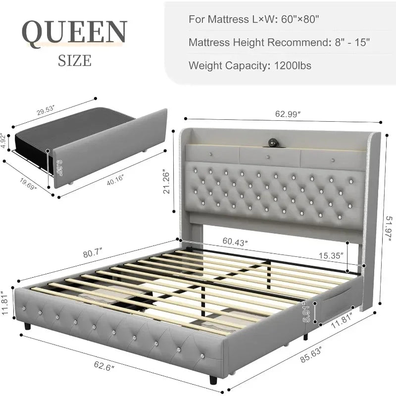 LED Bed Frame w/ Galaxy Aurora Star Projector,  Charging Station, Platform Beds with 52" Diamond Upholstered
