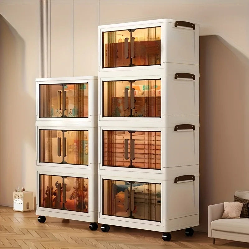 3/4-Tier Stackable Heavy Duty Plastic Folding Cabinet with Lid & Wheels