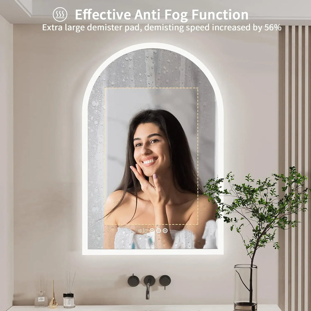 Backlit Smart LED Bathroom Mirror: 36 x 24 Inch Arched Dimmable 3 Colors Anti-Fog Lighted Mirrors with Time Temperature