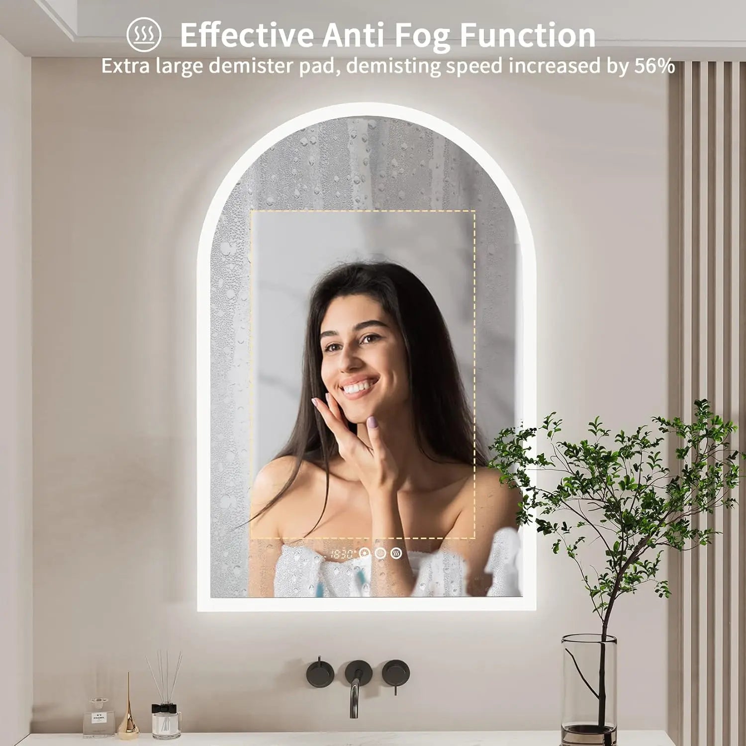 Backlit Smart LED Bathroom Mirror: 36 x 24 Inch Arched Dimmable 3 Colors Anti-Fog Lighted Mirrors with Time Temperature