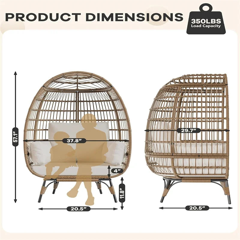 Oversized wicker Egg  patio lounge chair with Cushions & Steel Frame, Rattan
