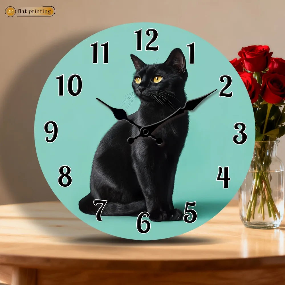 1pc Black Cat Portrait Wall Clock | Wooden Silent Clock, 2D Flat Printing,