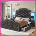 Queen Bed Frame W/ LED, Leather Upholstered Charging Station,  2 Nightstands. Mirror