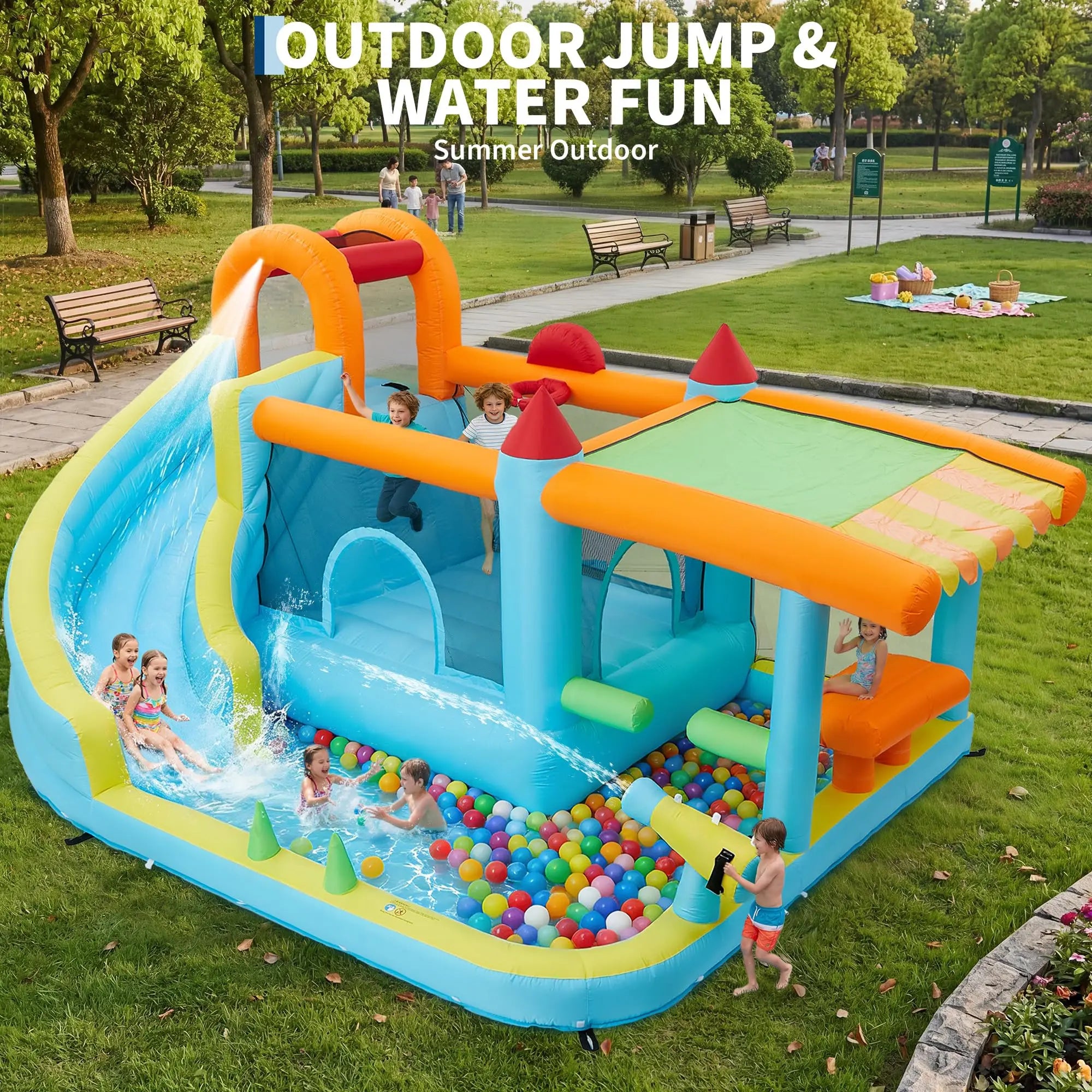 14FT Kids Bounce House With Slide & 450W Blower, 12-in-1 Inflatable Water Bouncer Party Castle Play