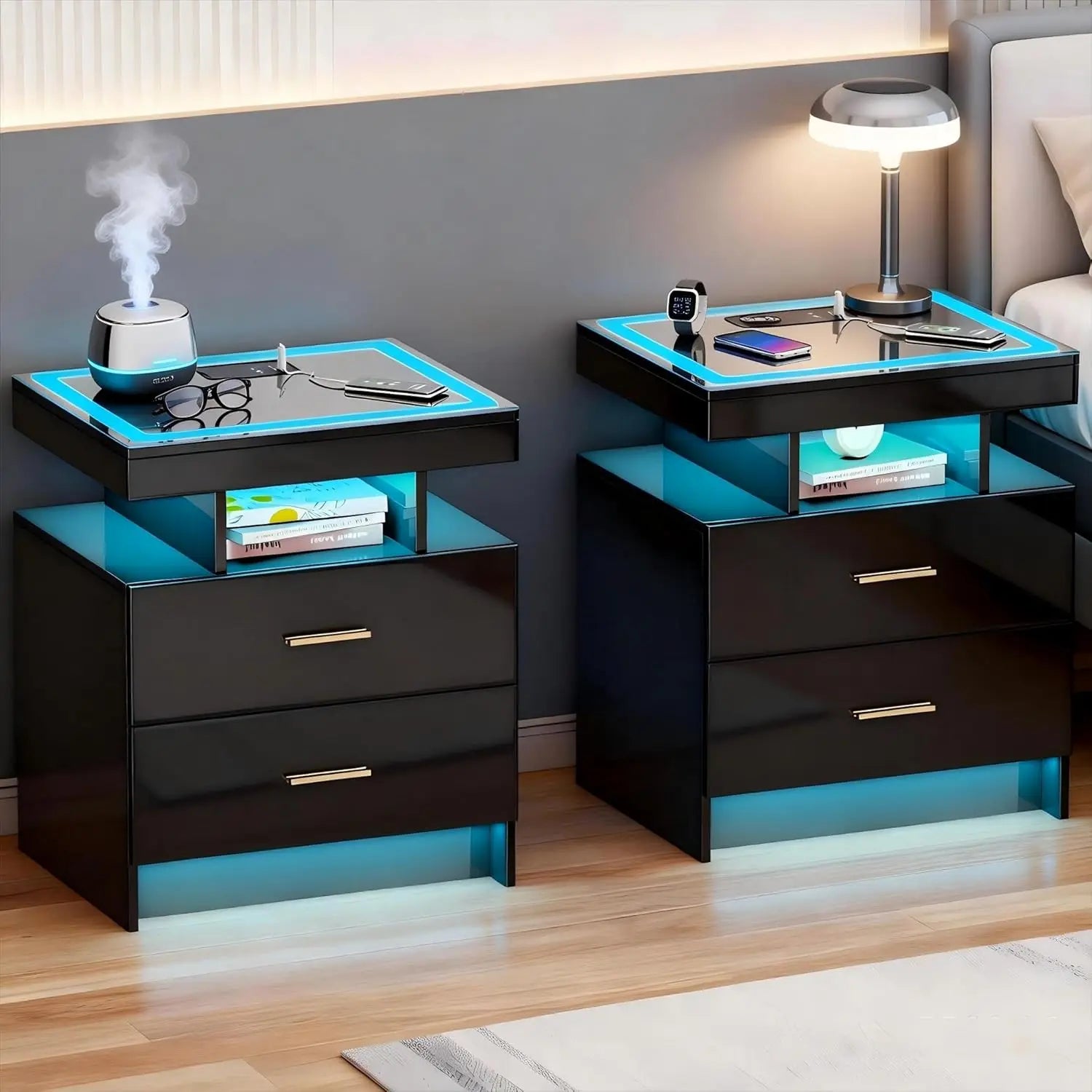 Nightstands with Wireless Charging , Auto Sensor 3 Color Dimmable LED